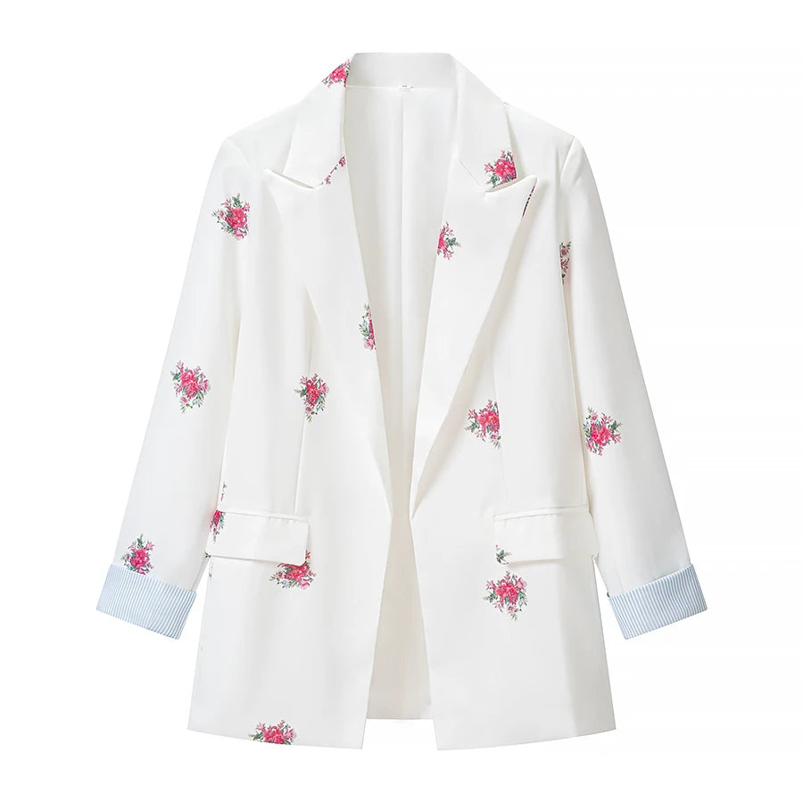 Women Soft Floral Print Matching Set Loose Blazer Bustier Sleeveless Top High Waist Wide Leg Trouser New Casual Holiday Costume