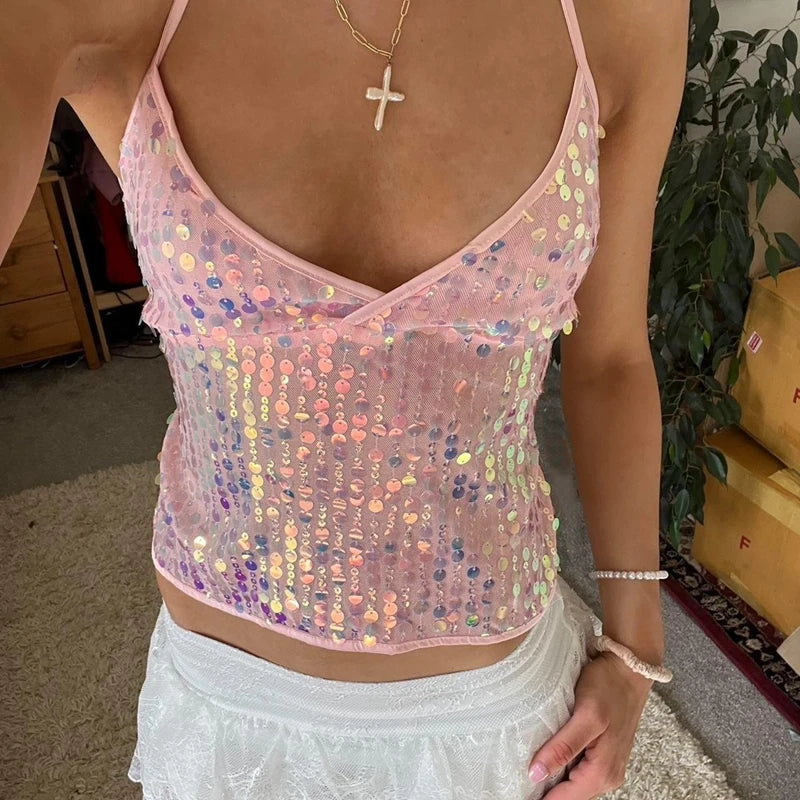 Maemukilabe Sexy Party Rave Coquette Backless Tie Up Tank Tops Cutest Sequin Cami Top Women Glitter Sparkle Halter Crop Tops