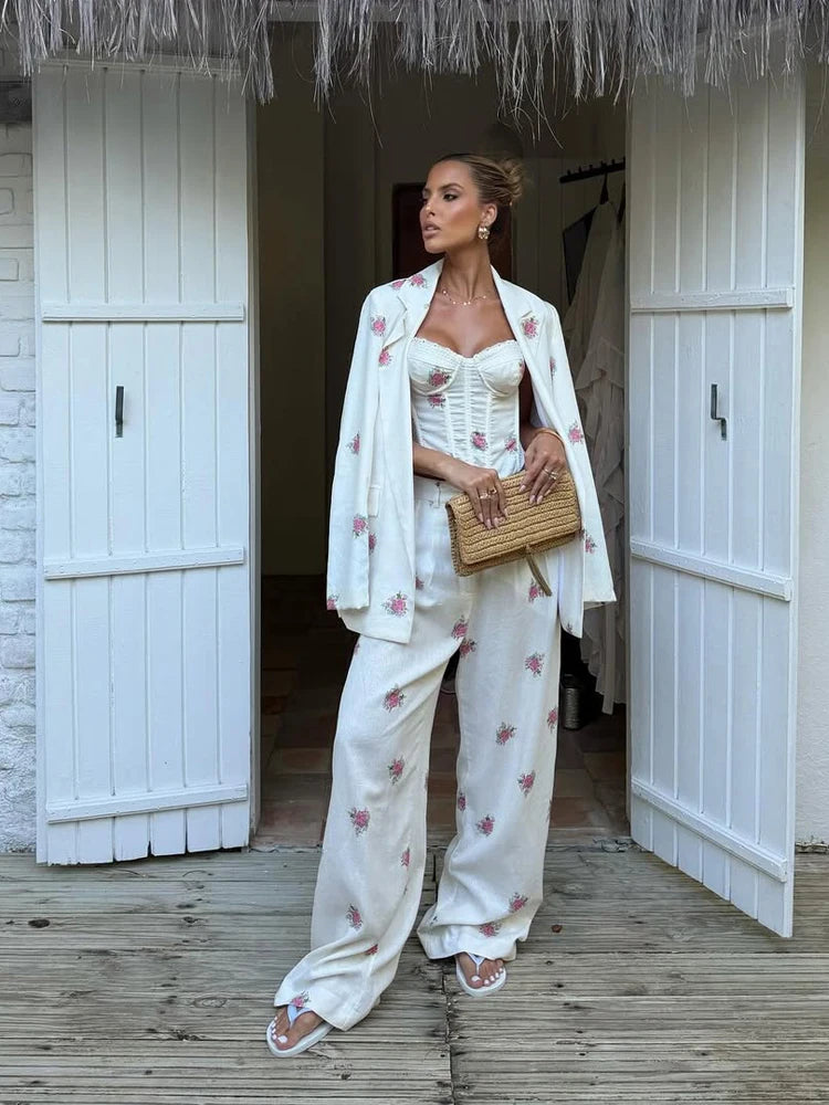 Women Soft Floral Print Matching Set Loose Blazer Bustier Sleeveless Top High Waist Wide Leg Trouser New Casual Holiday Costume