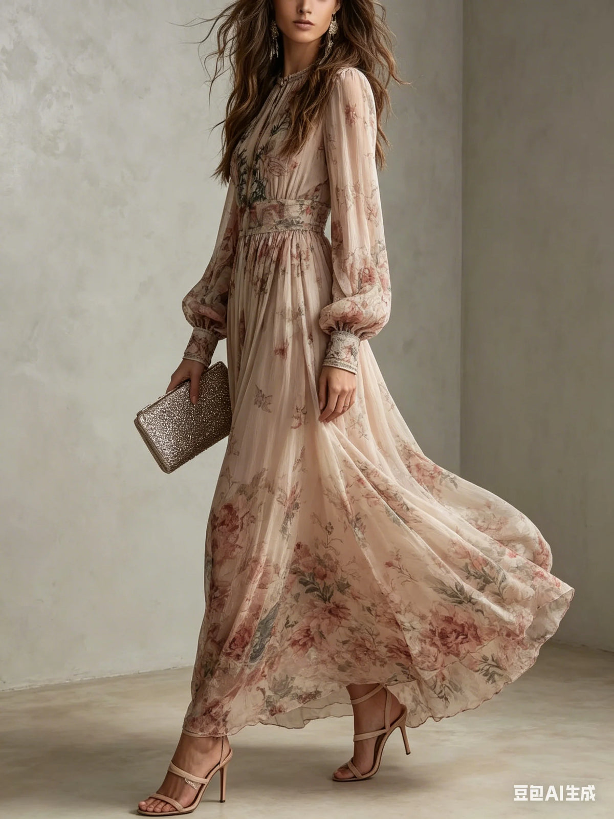 Elegant Long Sleeve Chiffon Long Dresses For Women 2026 Fashion Floral Print Slim Party Maxi Dress Casual