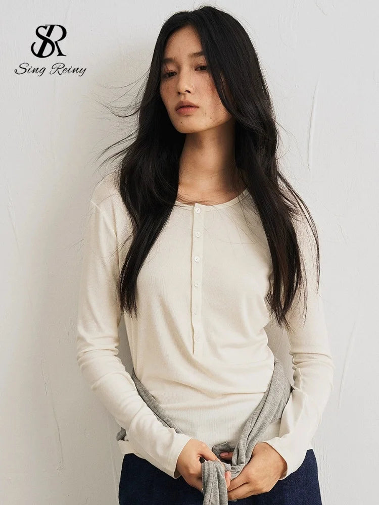 SINGREINY Lyocell Wool Basic Shirt Women Autumn O Neck Button Loose Cozy Acetate Solid Top Basics Casual Striped Long Sleeve Top