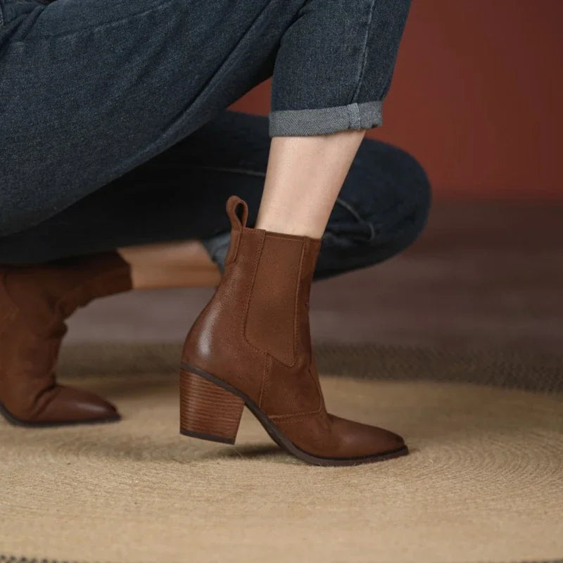 NEW Autumn Women Boots Pointed Toe Chunky Heel Shoes Genuine Leather Shoes for Women Casual Slip-on Western Boots Short Boots