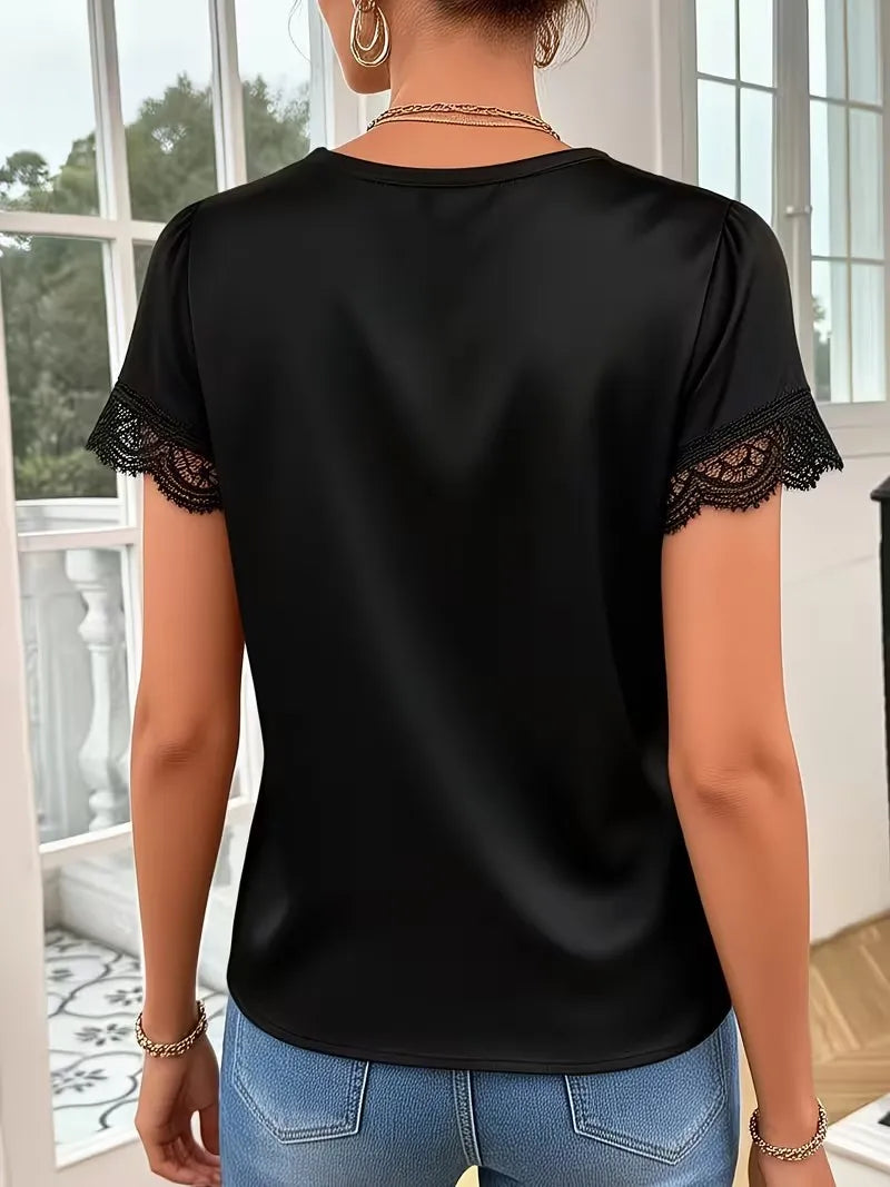 Casual Lace V-neck Blouse Women Summer 2026 Fashion Solid Color Short Sleeve Shirts Tops Elegant
