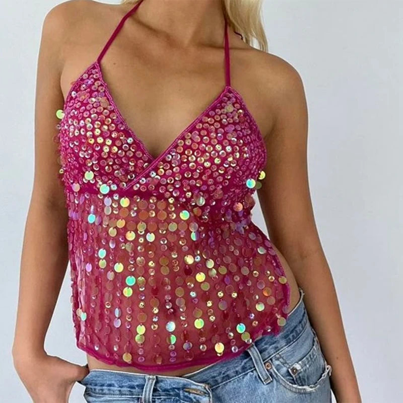 Maemukilabe Sexy Party Rave Coquette Backless Tie Up Tank Tops Cutest Sequin Cami Top Women Glitter Sparkle Halter Crop Tops