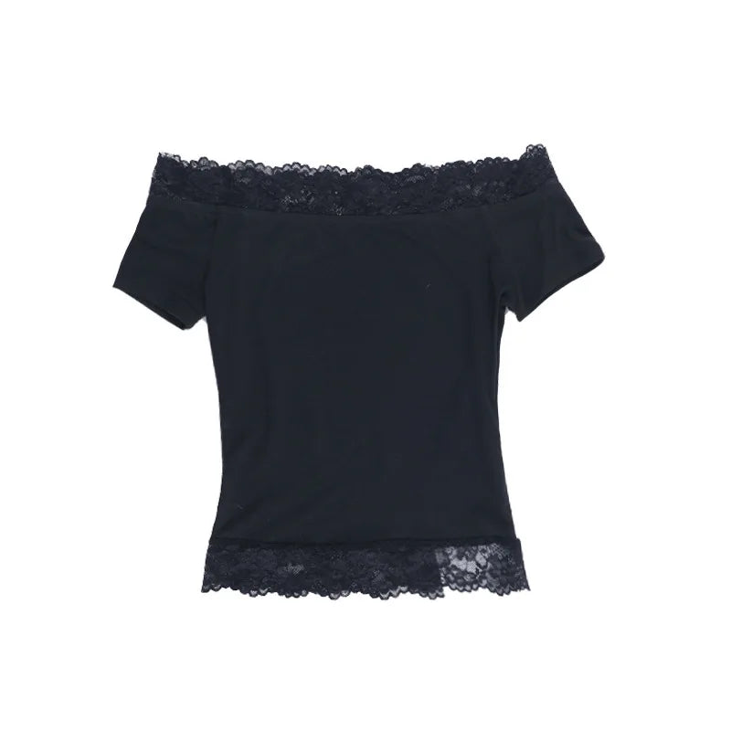 Sexy Slash Neck Off Shoulder Lace Tops Y2k Simple Fashion Women's Tee Shirts Short Sleeve Casual T-Shirts Trendy Tshirts