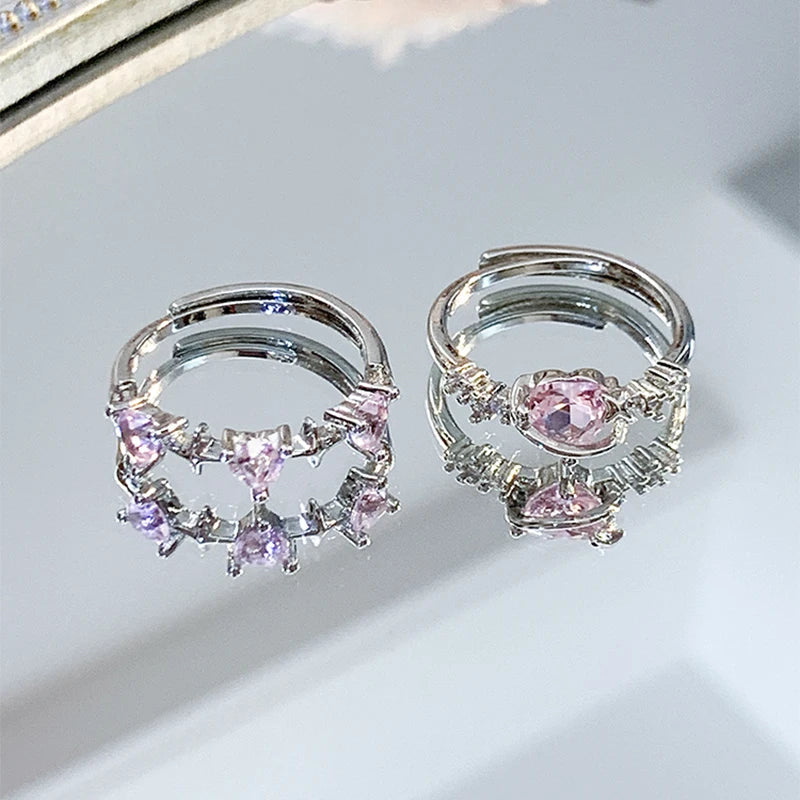 Vintage Y2K Accessories Aesthetic Pink Planet Heart Zircon Rings for Women Cool Hip Hop Kpop Cross Star Rings  Jewelry