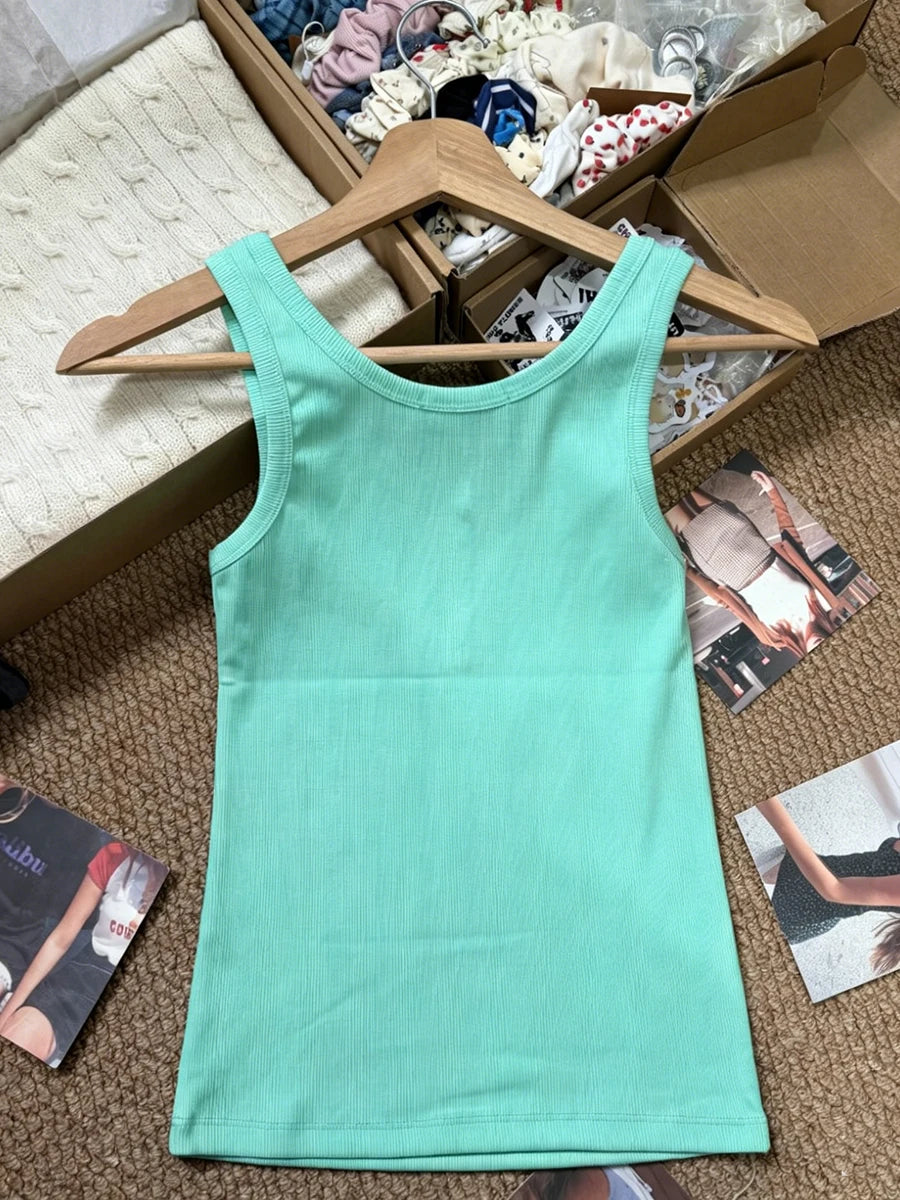 Ribbed Button Tank Tops Women Summer Casual Streetwear Slim Cotton Sleeveless Vests Female Vintage Simple Basic Vest Y2K