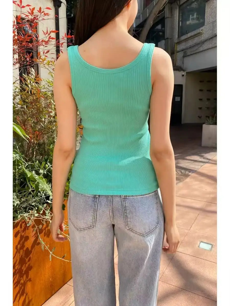 Ribbed Button Tank Tops Women Summer Casual Streetwear Slim Cotton Sleeveless Vests Female Vintage Simple Basic Vest Y2K