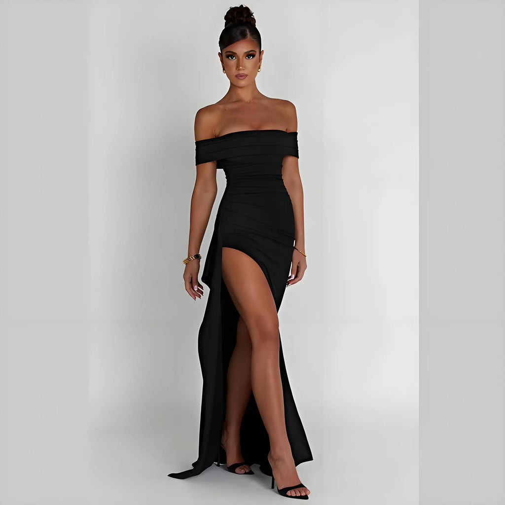 Elegant Evening Dress, Solid Color, Off-Shoulder, Women's Sexy High-Waisted Side-Slit Long Dress, Formal Maxi Ladies' Party Evening Dress