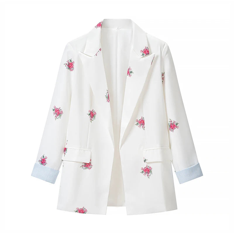 Women Soft Floral Print Matching Set Loose Blazer Bustier Sleeveless Top High Waist Wide Leg Trouser New Casual Holiday Costume