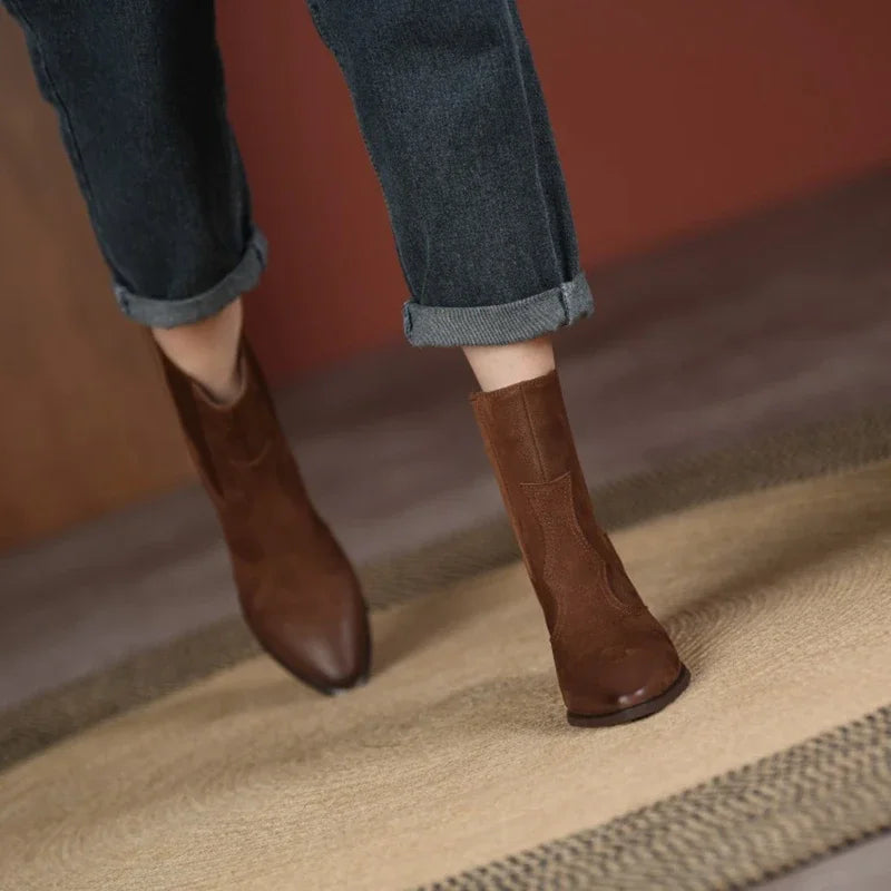 NEW Autumn Women Boots Pointed Toe Chunky Heel Shoes Genuine Leather Shoes for Women Casual Slip-on Western Boots Short Boots