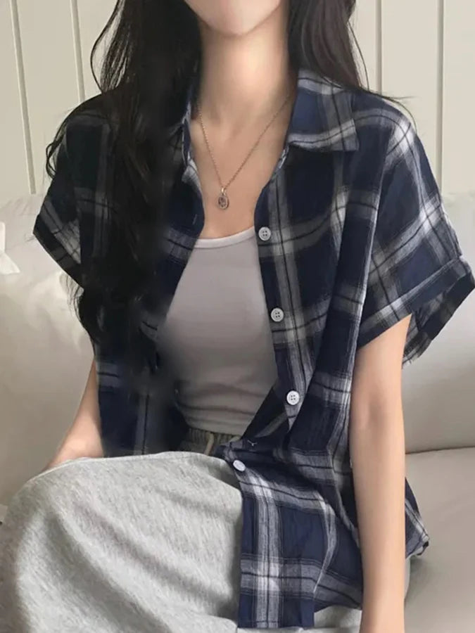 Retro Plaid Shirt Jacket Women Thin Design Summer 2026 New Single Button Turn Collar Short Sleeve Top Loose Fit Summer Shirt