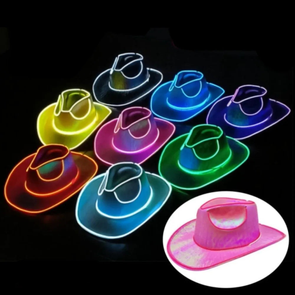 with LED Lights Cowboy Cowgirl Hat Luminous Light Up Cap Western Cowboy Hat for Dancing Party Dress Up Pearlescent Cowgirl Hat