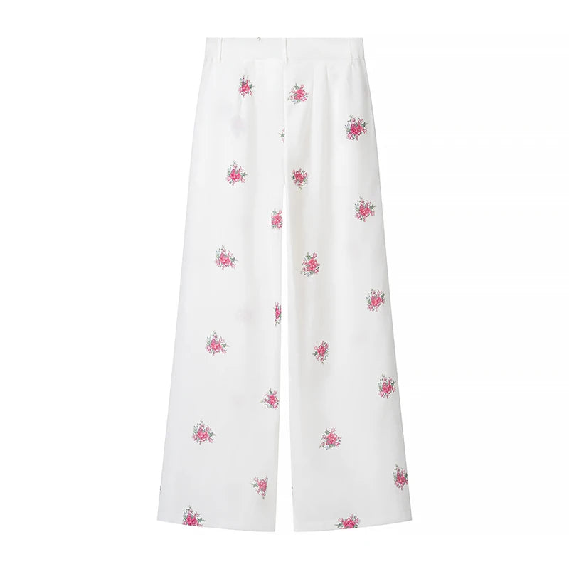 Women Soft Floral Print Matching Set Loose Blazer Bustier Sleeveless Top High Waist Wide Leg Trouser New Casual Holiday Costume