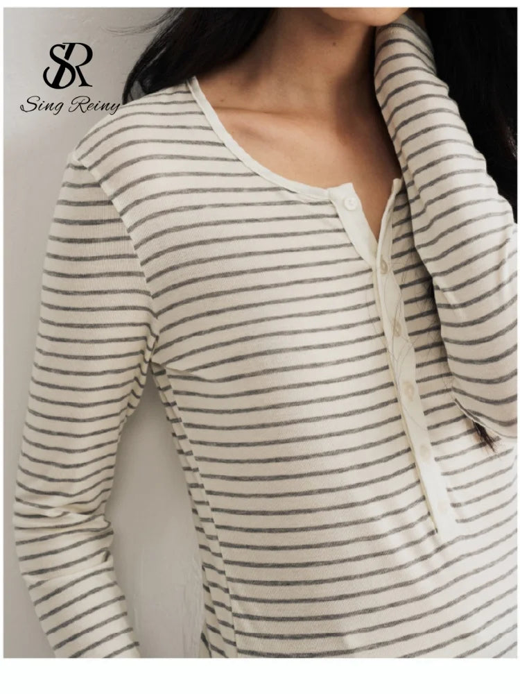 SINGREINY Lyocell Wool Basic Shirt Women Autumn O Neck Button Loose Cozy Acetate Solid Top Basics Casual Striped Long Sleeve Top