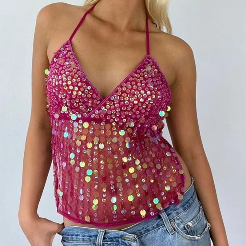 Maemukilabe Sexy Party Rave Coquette Backless Tie Up Tank Tops Cutest Sequin Cami Top Women Glitter Sparkle Halter Crop Tops