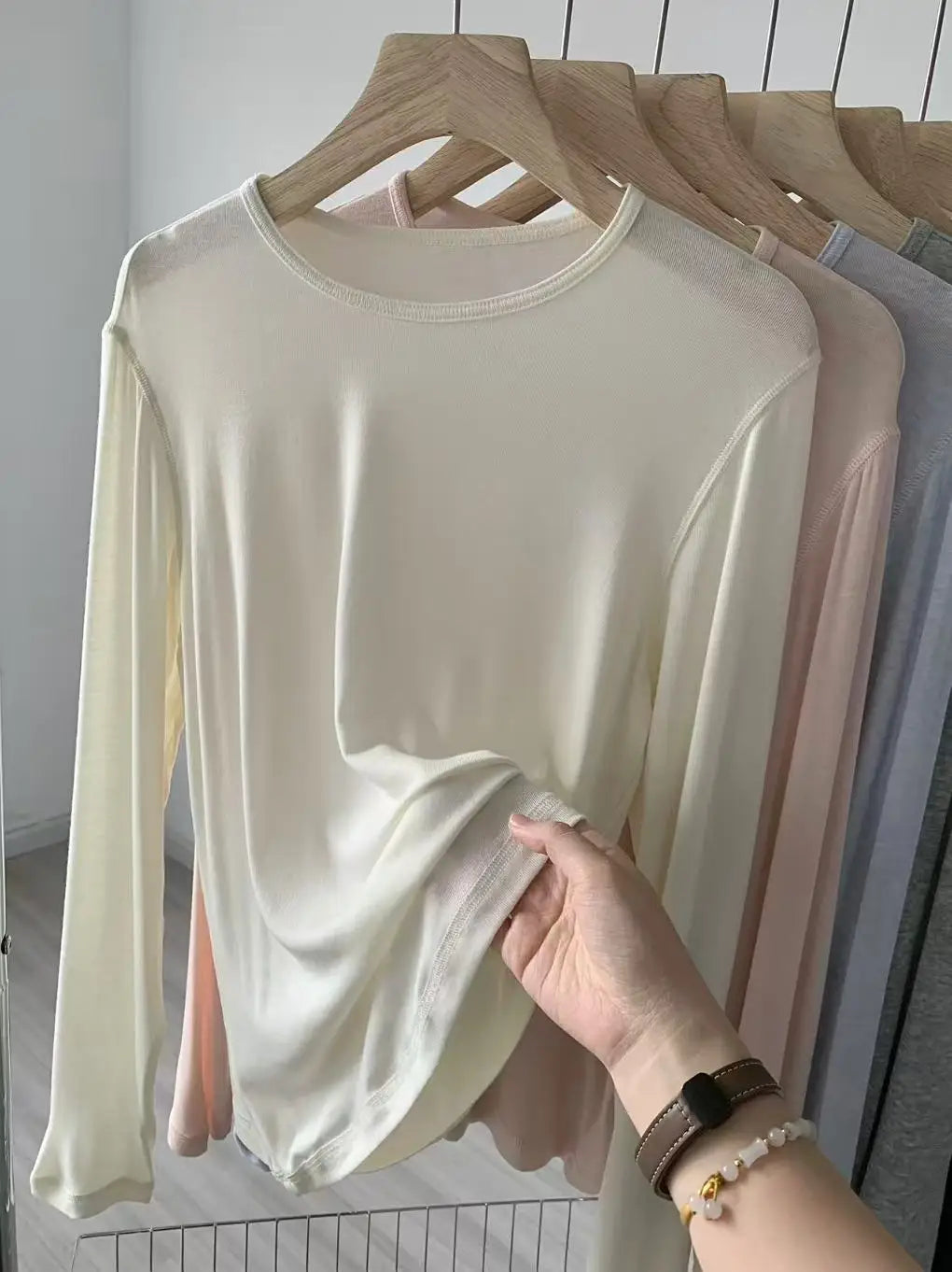 2026 Women Long Sleeve Thin T Shirts O-Neck Model Wool Slik Blending Tees Summer Pink Tops For Women Clothes