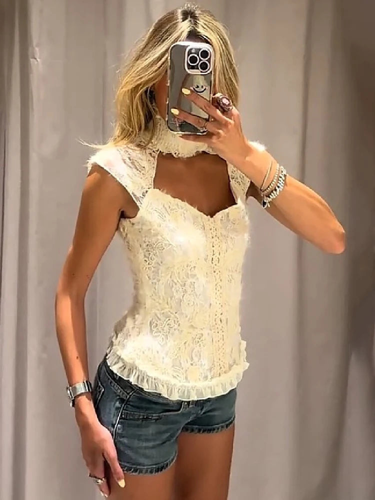 Elegant Cream White High Neck Floral Lace Top Women Sexy Sleeveless Cutout Front Frill Hem Slim Blouse Lady Vacation Party Top