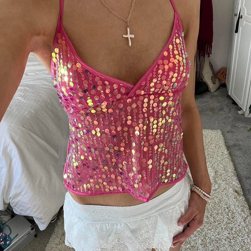 Maemukilabe Sexy Party Rave Coquette Backless Tie Up Tank Tops Cutest Sequin Cami Top Women Glitter Sparkle Halter Crop Tops