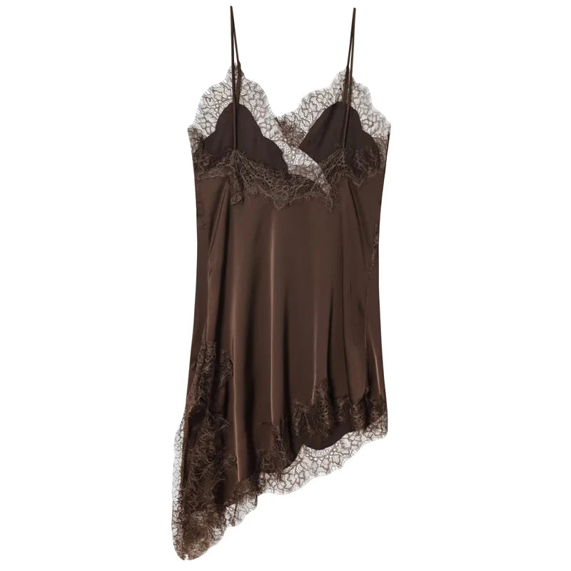 HXAO Asymmetrical Lace Dress Woman Sleeveless Slip Black Dress Summer Satin Party Dresses Backless Sexy Short Night Dresses