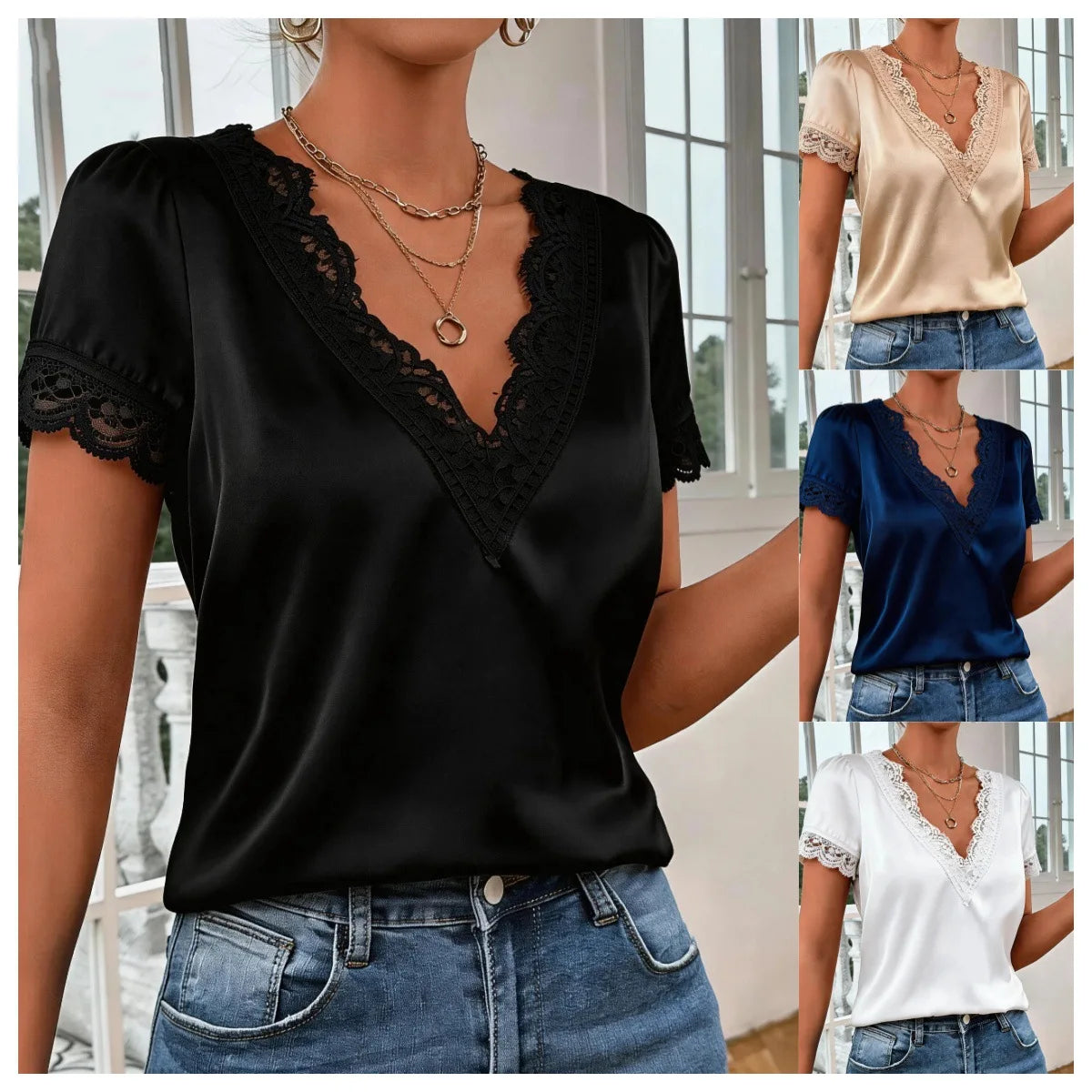 Casual Lace V-neck Blouse Women Summer 2026 Fashion Solid Color Short Sleeve Shirts Tops Elegant