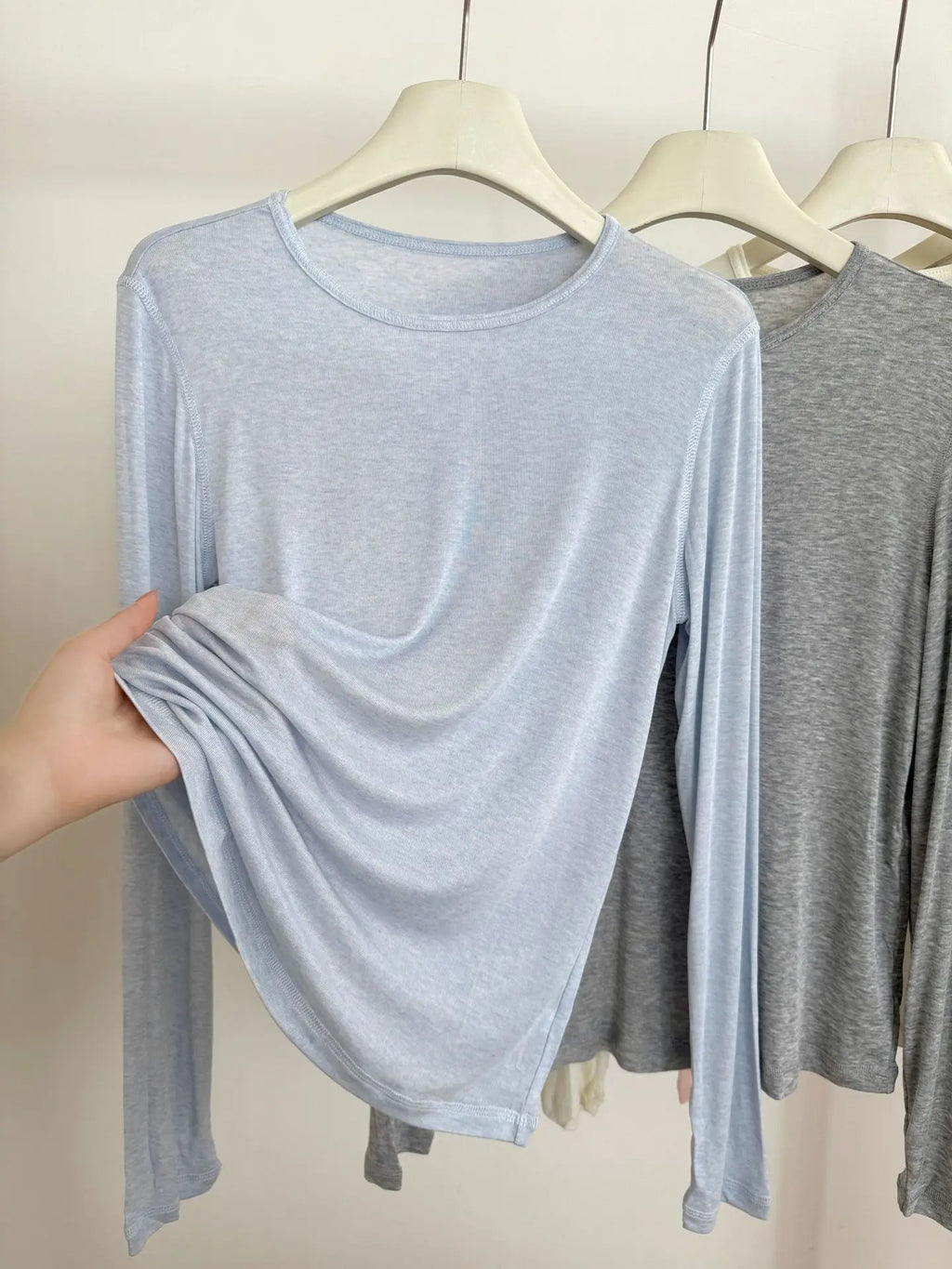 2026 Women Long Sleeve Thin T Shirts O-Neck Model Wool Slik Blending Tees Summer Pink Tops For Women Clothes