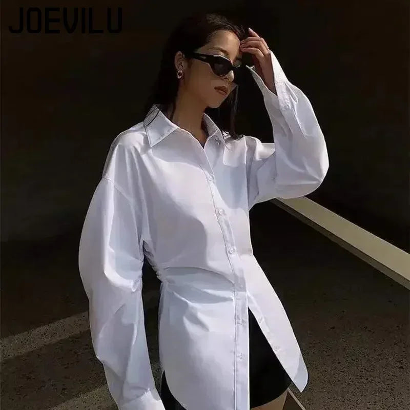 Women's White Slim Fit Long Sleeve Shirt Chic Waist-Cinching Blouse Korean Style Trendy Elegant Tops Spring Autumn New Arrivals