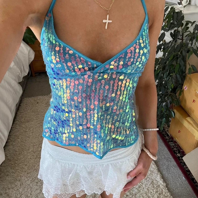 Maemukilabe Sexy Party Rave Coquette Backless Tie Up Tank Tops Cutest Sequin Cami Top Women Glitter Sparkle Halter Crop Tops