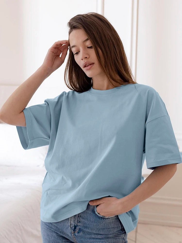 Hirsionsan 100% Cotton T Shirt Women 2024 Summer New  Basic Elegant Tee Casual Loose Tshirt Chic O Neck Female Couple Tops M-3XL