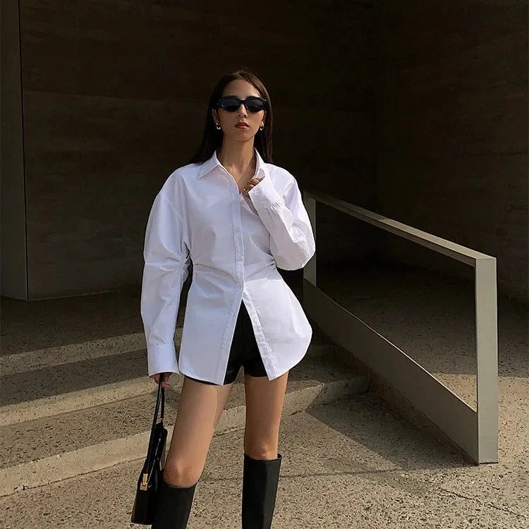 Women's White Slim Fit Long Sleeve Shirt Chic Waist-Cinching Blouse Korean Style Trendy Elegant Tops Spring Autumn New Arrivals