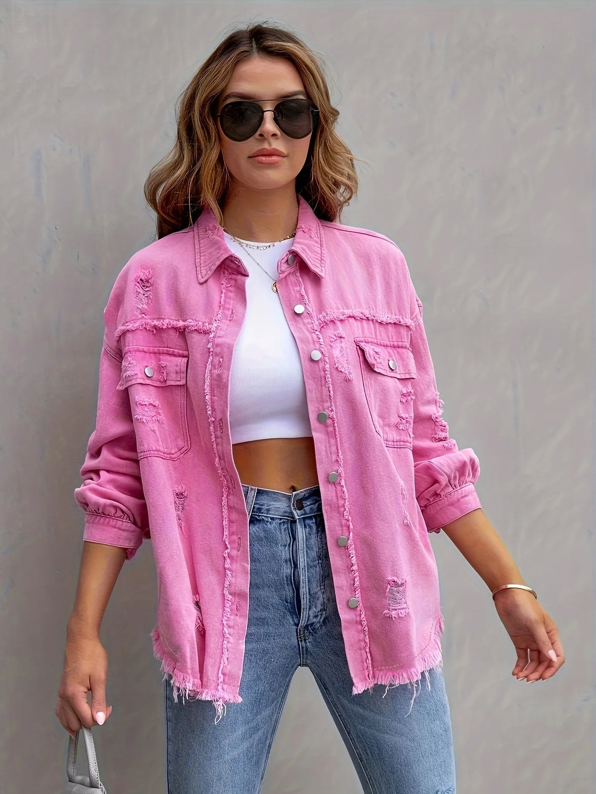 New Solid Colour Mid-length Hole Long-Sleeved Denim Jacket Denim Jacket Women