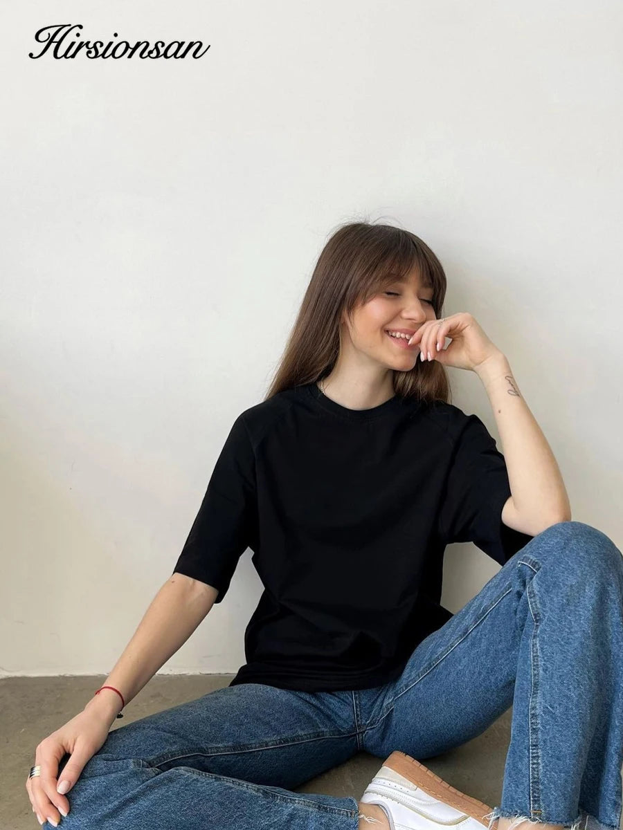 Hirsionsan 100% Cotton T Shirt Women 2024 Summer New  Basic Elegant Tee Casual Loose Tshirt Chic O Neck Female Couple Tops M-3XL