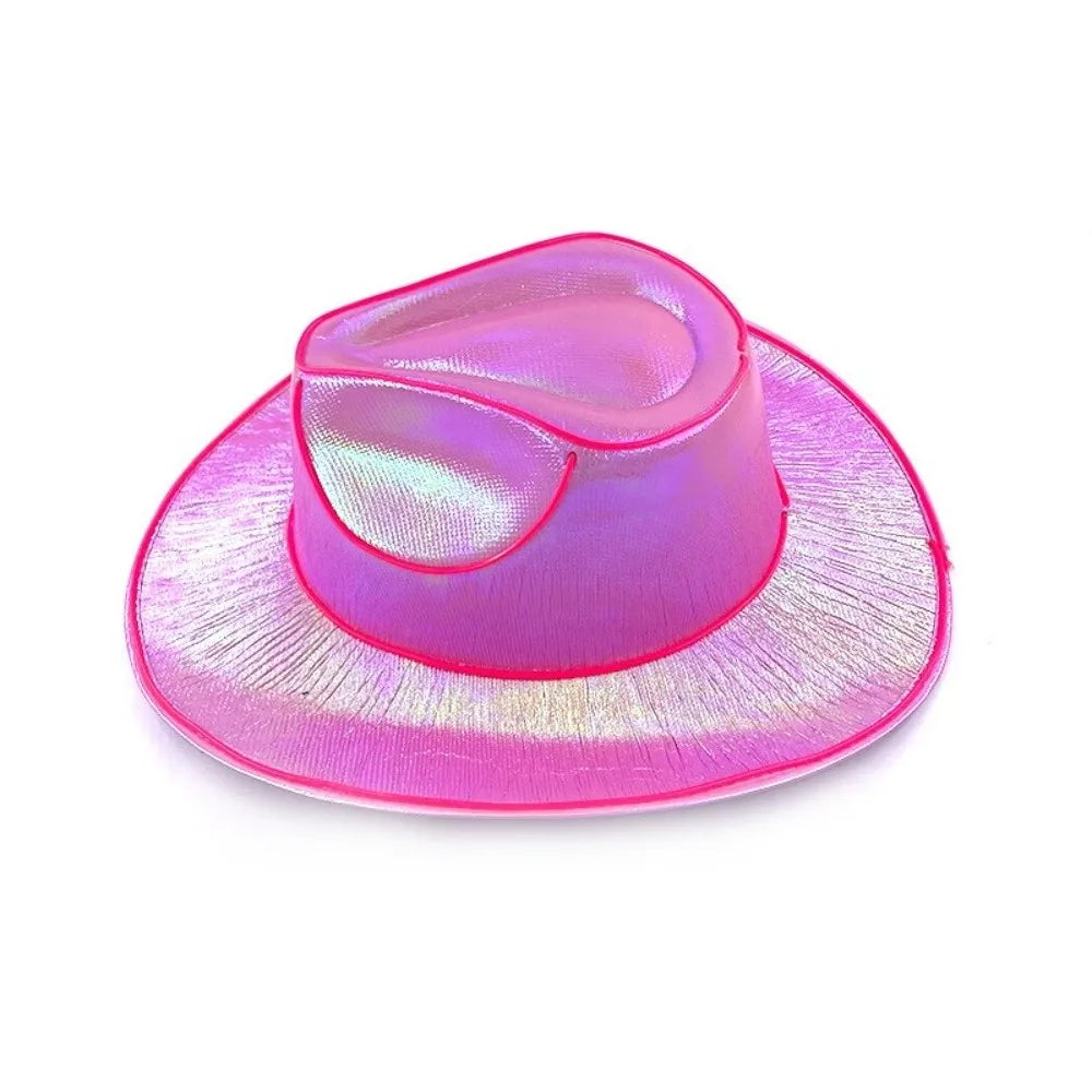 with LED Lights Cowboy Cowgirl Hat Luminous Light Up Cap Western Cowboy Hat for Dancing Party Dress Up Pearlescent Cowgirl Hat