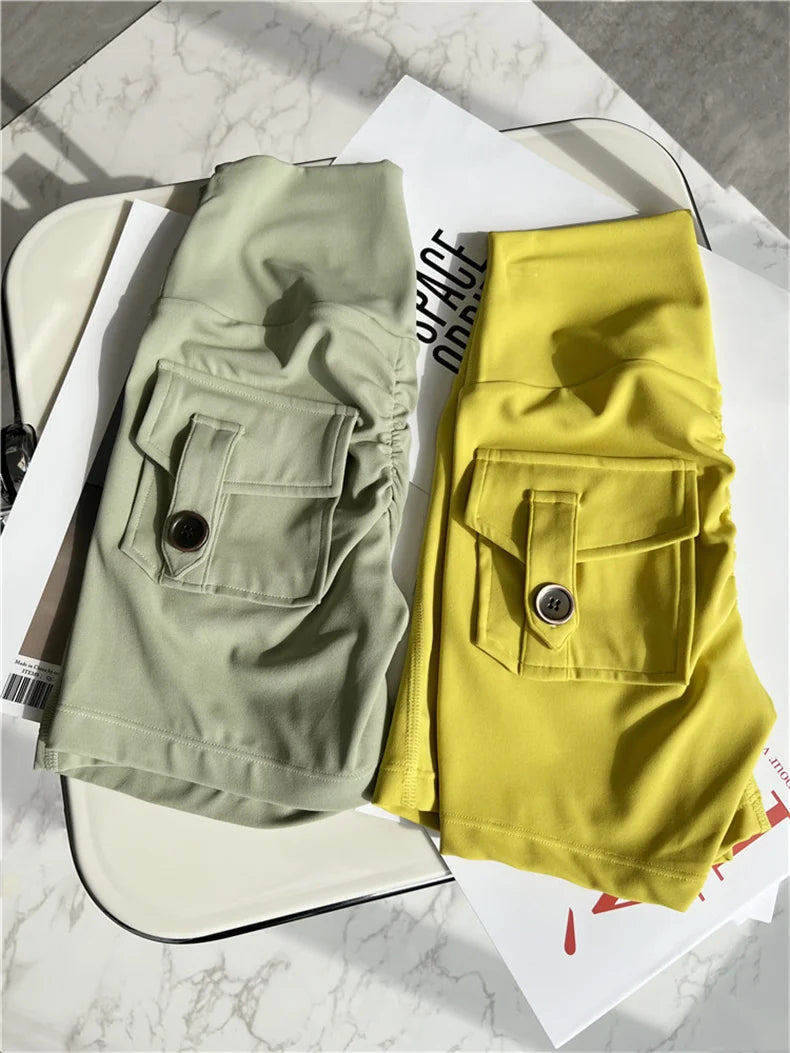 TRY TO BN Sport Shorts Women Pocket Buttocks Fitness Workout High Waist Tights Leggings Push Up Cycling Scrunch Butt Gym Clothes