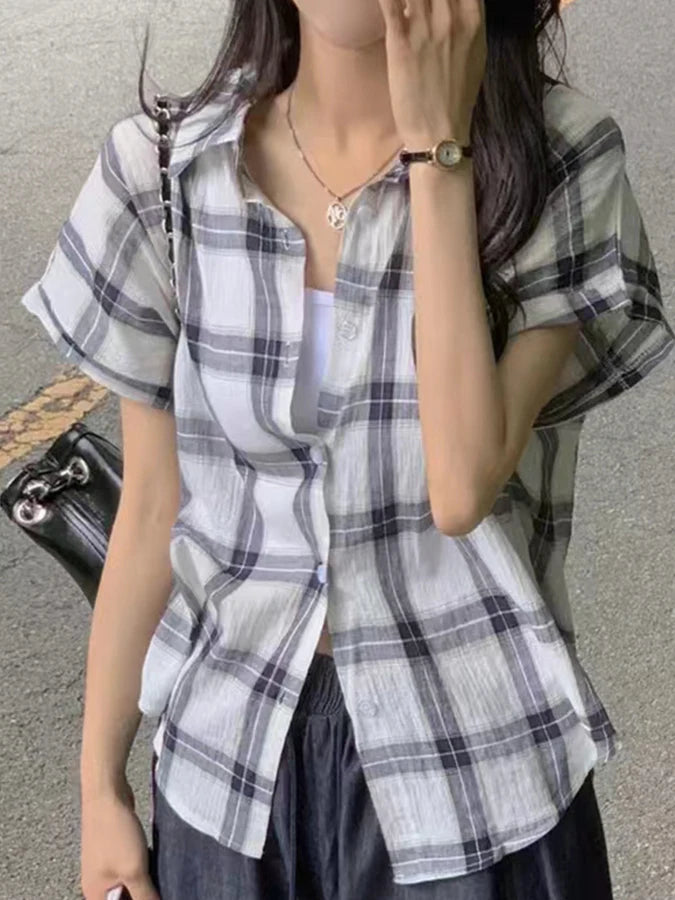 Retro Plaid Shirt Jacket Women Thin Design Summer 2026 New Single Button Turn Collar Short Sleeve Top Loose Fit Summer Shirt