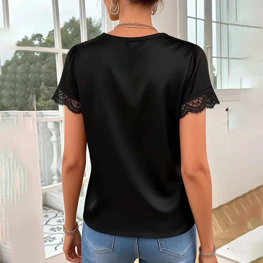 Casual Lace V-neck Blouse Women Summer 2026 Fashion Solid Color Short Sleeve Shirts Tops Elegant