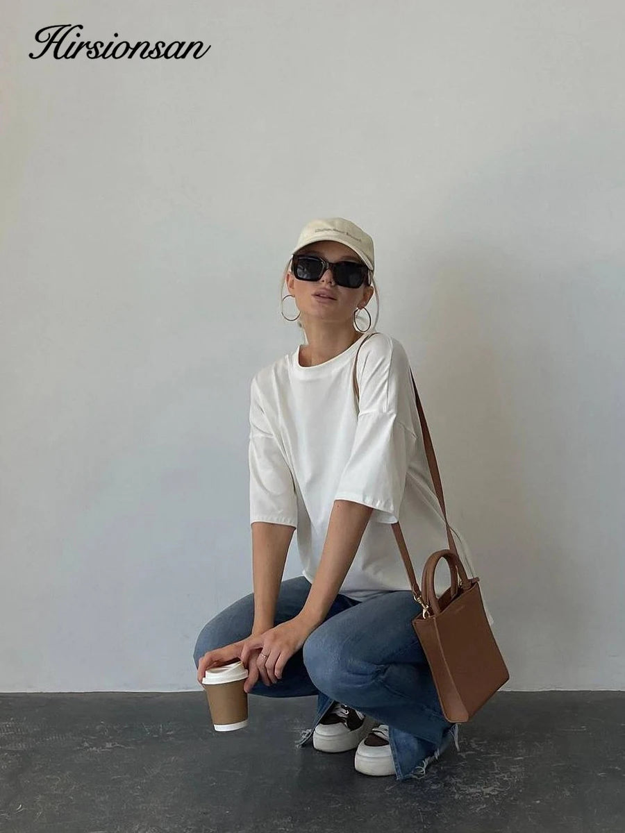 Hirsionsan 100% Cotton T Shirt Women 2024 Summer New  Basic Elegant Tee Casual Loose Tshirt Chic O Neck Female Couple Tops M-3XL