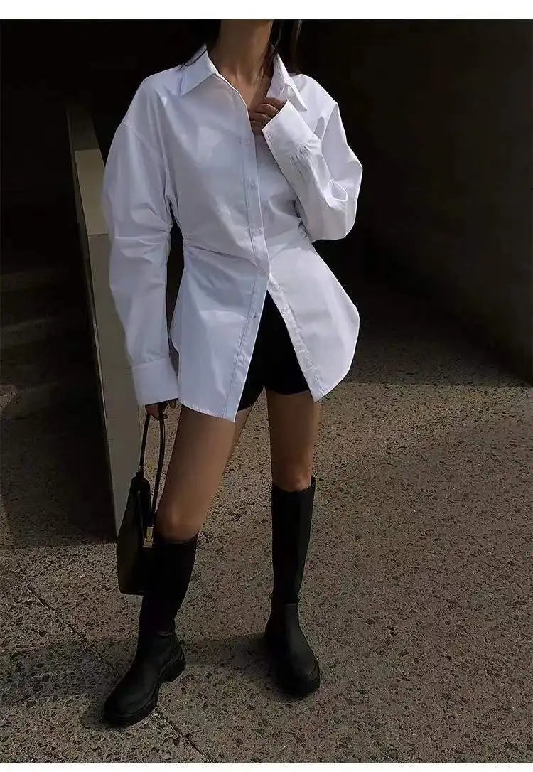 Women's White Slim Fit Long Sleeve Shirt Chic Waist-Cinching Blouse Korean Style Trendy Elegant Tops Spring Autumn New Arrivals
