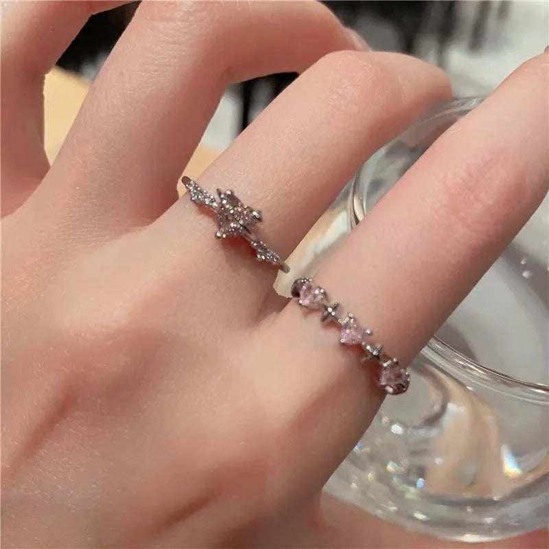 Vintage Y2K Accessories Aesthetic Pink Planet Heart Zircon Rings for Women Cool Hip Hop Kpop Cross Star Rings  Jewelry
