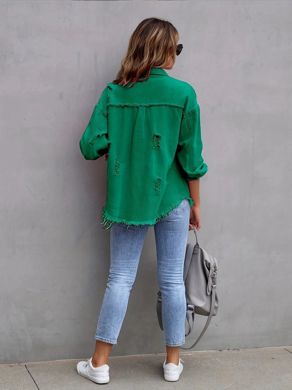 New Solid Colour Mid-length Hole Long-Sleeved Denim Jacket Denim Jacket Women