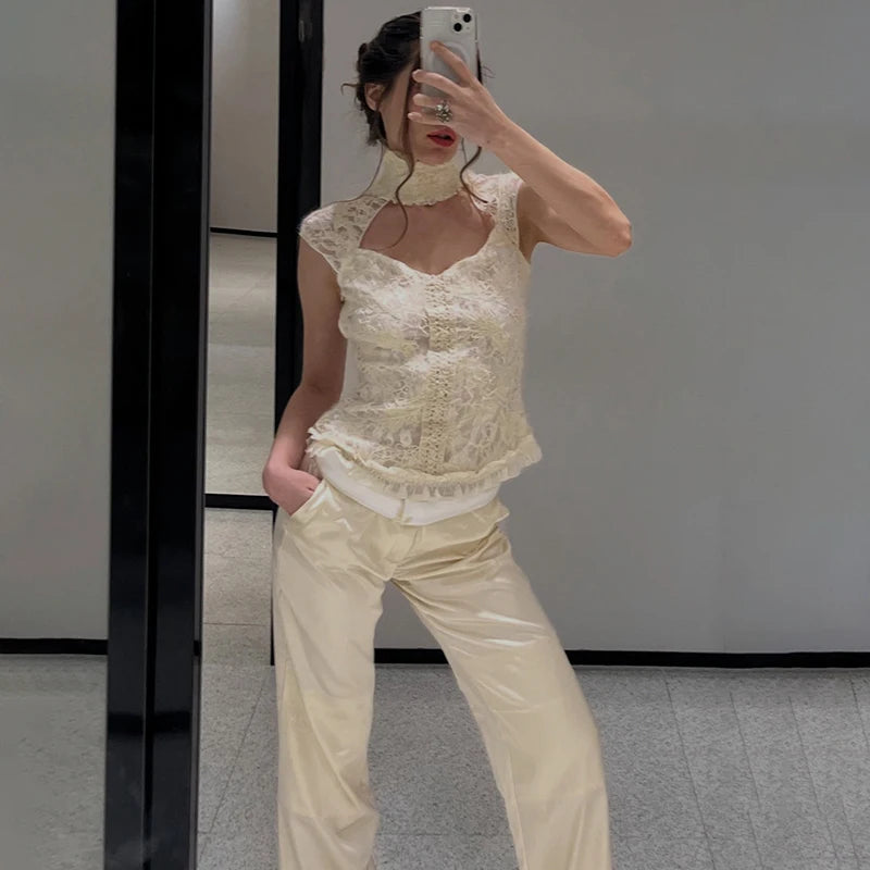 Elegant Cream White High Neck Floral Lace Top Women Sexy Sleeveless Cutout Front Frill Hem Slim Blouse Lady Vacation Party Top